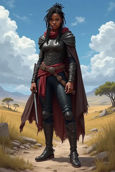 In RPG style, in style of Dungeons & Dragons, in style of fantasy painting. Full body view, looking at the viewer. Image of a female rogue, holding dagger. Dark skin. dreads hairstyle. Tight dark leather armor with dark red elements. Dark pants, dark leath...