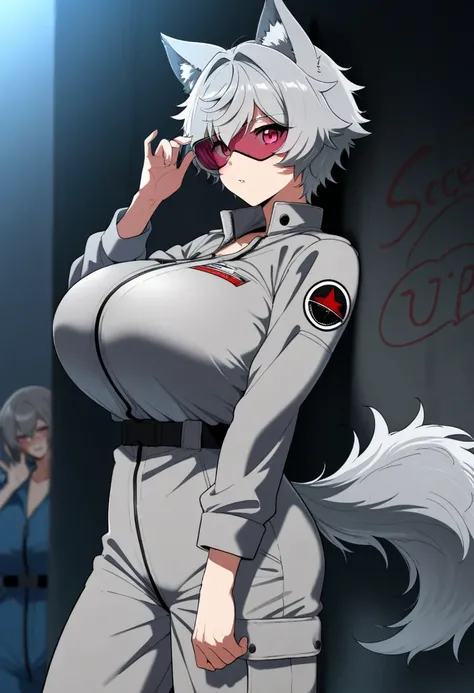 AG Agarin a, pink eyes,  messy short hair,  dark grey hair, various shades ,   Wolf ears , gray wolf tail , wearing a jumpsuit,  big boobs, BREAK AG _Agarin 