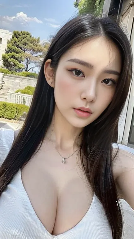 ( best quality,  high resolution, masterpiece :1.3),  tall and beautiful woman , Thin abdominal muscles,  long, straight black hair,22 year old Japanese , big breasted, Wearing a pendant, The white satin Drezoden architecture on the background ),  accurate...