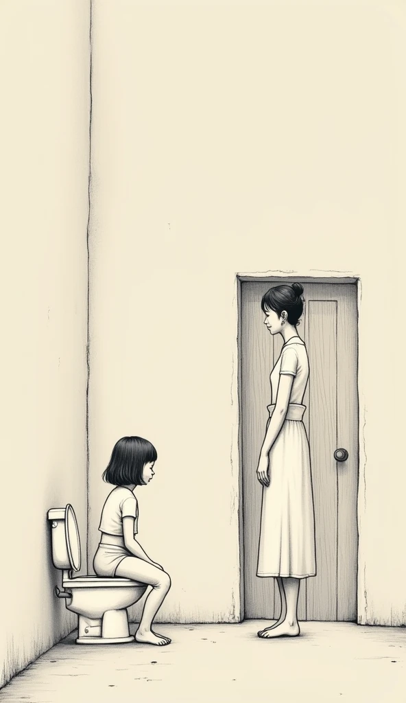 An image of a  (s), Sitting on a potty, with her mother watching her through a door. They are in a house, And there's no lawn, Just a cement floor and the mother is sitting in a chair watching her daughter pooping on the pinico.  And the images can be like...