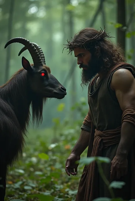 super realistic photo, As if it were cinematographic ,  in a forest with very green vegetation and surrounding trees ,  he has a demonic looking goat with red eyes medium horns,  a little ahead of her Jesus Christ with his powerful appearance ,  he has big...