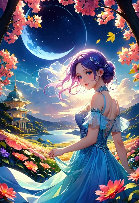  masterpiece,　starry sky 、 one girl standing in line alone、 Moonlight and shining starlight、 Her face is of the highest quality 、( Close Your Eyes and Smile)、She is wearing an elegant dress、 flowing 、and fantastic 、Giving off subtle celestial brilliance 、 ...