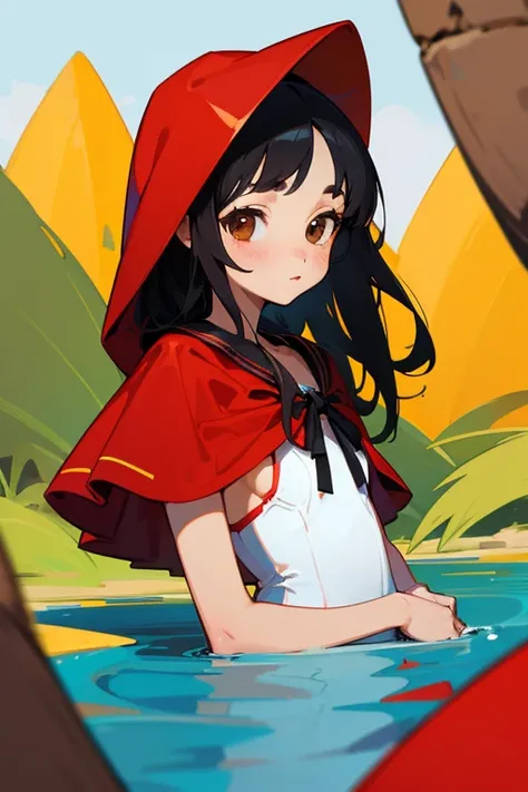  best quality,   super high resolution, illustration style, (( cute middle school girl)),( small tits), semi-long black hair , brown eyes, Little Red Riding Hood, swimsuit