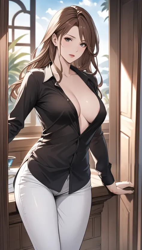 masterpiece,  Graceful Mature Woman, Katarina (  Granblue Fantasy),  slim,  upper body,  standing on a long-sleeved shirt and the ,  transparent black shirt,  down blouse ,   areola slip ,  more details,  high resolution,   is ridiculous, Home,  SEMI-REALI...