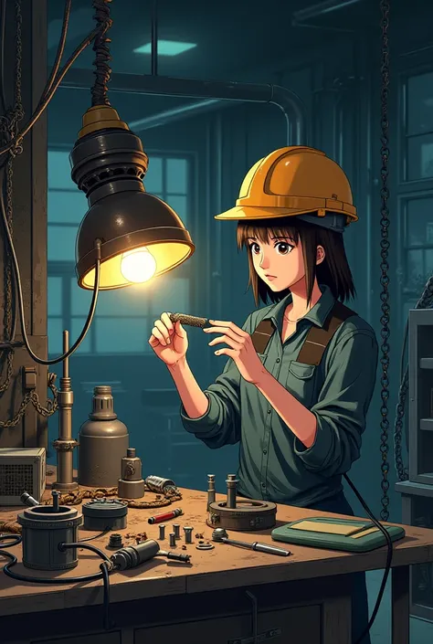 Lightbulb, screws,  construction helmet , industrial maintenance, mechanics, adaptation of spaces and anime