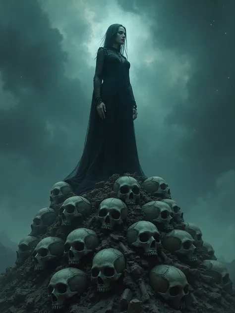 Maintains made of skulls and bones, lovecraftian horror, beautiful cosmic female entity standing on top,Dark realistic photography,dark ambient art,dark surrealism, dark ambient.