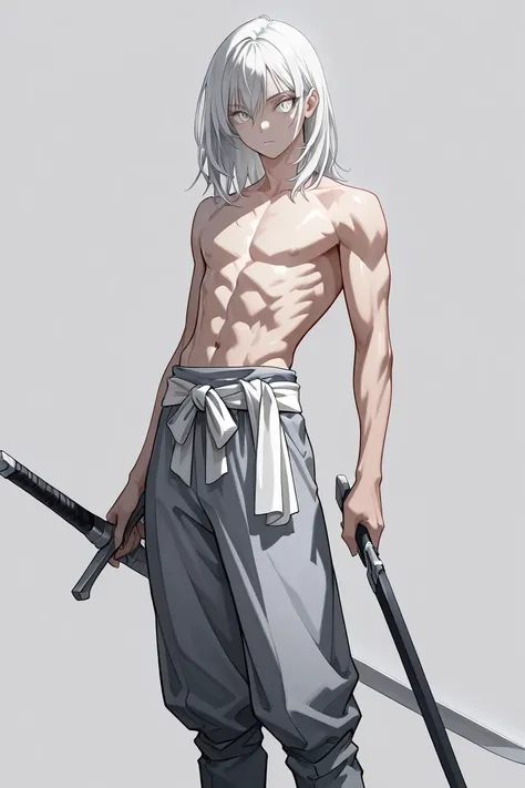 BEST QUALITY, ULTRA DETAILED, HIGH DEFINITION, PERFECT ANATOMY, ALONE, 1boy, 20 years old, medium hair, white hair to shoulders, bright silver eyes, slit pupil, toned body, slim, gray blue pants, wide pants, white sash on the waist, holding a sword, (neutr...