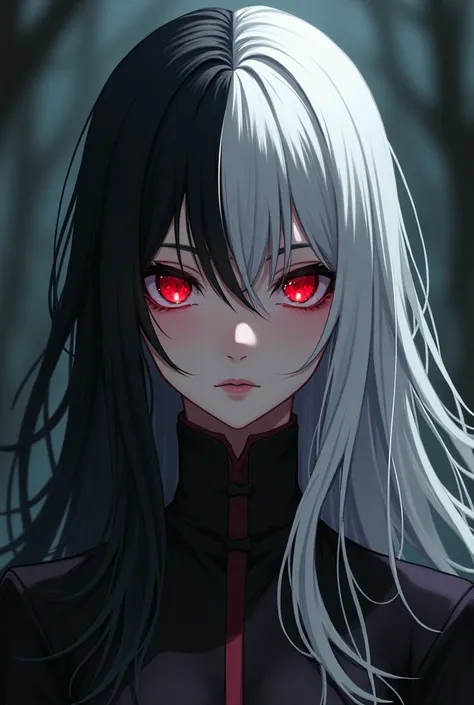 One with long hair without bangs half white half black she has no bangs.  Her eyes are intense red her face has fine and delicate features, Create her in the demon Slayer style . 