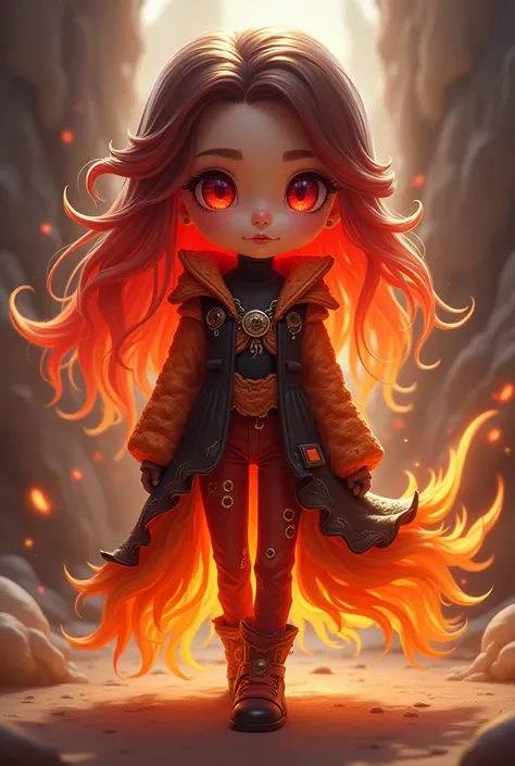 A cookie from cookie run kingdom, girl with red eyes and lava-colored clothes, the bottom part is washed and orange with red and the top part is black, long hair with an orange and red gradient