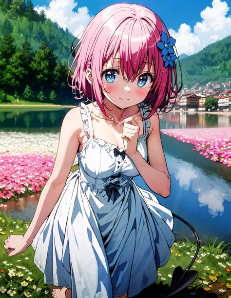 Momo Devil, Momo Deviluke, demon Tail,  hair flower,   hair ornament, 紫色の目,  pink hair with a scar,  short hair, smile,blush, mouths,Tail,demon Tail,  white sleeveless dress ,Medium breast, long skirt, barefoot,My feet are soaked in water ,noon, are standi...