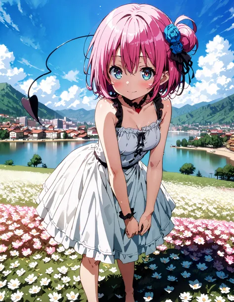 Momo Devil, Momo Deviluke, demon Tail,  hair flower,   hair ornament, 紫色の目,  pink hair with a scar,  short hair, smile,blush, mouths,Tail,demon Tail,  white sleeveless dress ,Medium breast, long skirt, barefoot,My feet are soaked in water ,noon, are standi...