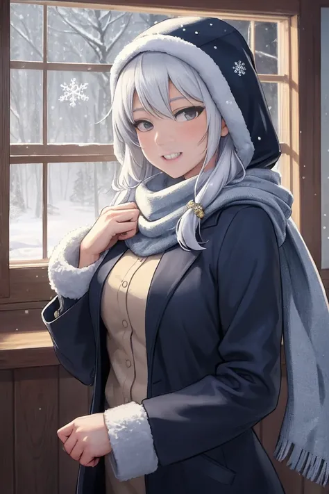     gently pouring down in a realistic winter scene   、   Long Haired Anime Girl    ,       Flowing Hair   ,  wear comfortable clothes  , Fluffy hood  ,    Patterned Scarf   ,    In the breath of winter    .   彼女teeth雪景色の中に立っています  ,     、 warm lighted wind...