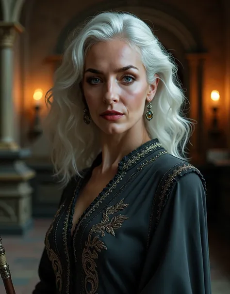 A strikingly elegant and alluring old woman with medium-length wavy white hair, approximately 65 years old, standing confidently in a grand, enchanted hall. She is the heiress of Hogwarts and a descendant of the Dumbledore family, exuding an air of mystery...