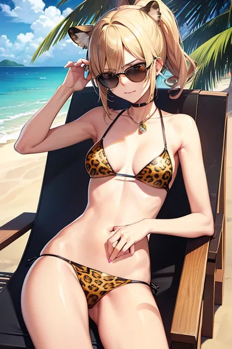  high resolution,Leopard,Personification,Leopard耳,woman, short, slender, deckchair, tropical juice I put my cheek on my hand, sunglasses 