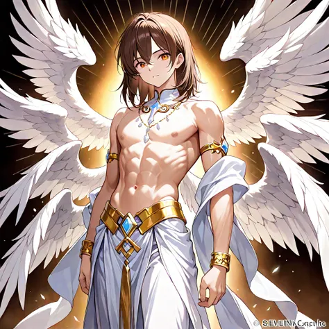 BEST QUALITY, ULTRA DETAILED, HIGH DEFINITION, PERFECT ANATOMY, ALONE, 1boy, , toned, slim, brown hair, orange eyes, detailed iris, medium hair, white angelic flowing clothes, golden accessories, bracelet, white crystal necklace, several wings, large white...