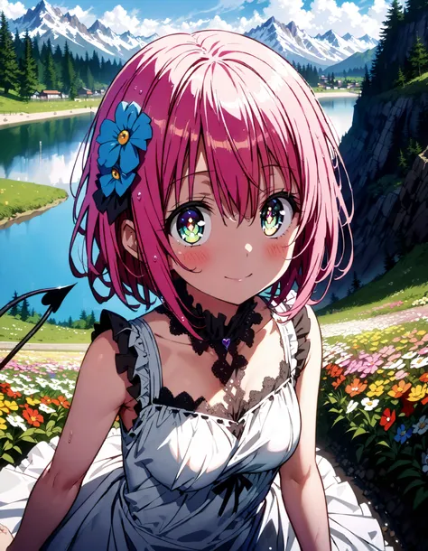 Momo Devil, Momo Deviluke, demon Tail,  hair flower,   hair ornament, 紫色の目,  pink hair with a scar,  short hair, smile,blush, mouths,Tail,demon Tail,  white sleeveless dress ,Medium breast, long skirt, barefoot,My feet are soaked in water ,noon, are standi...