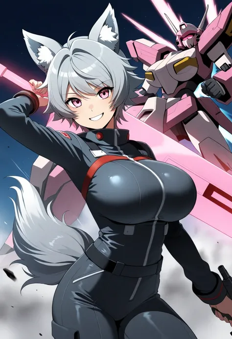 AG Agarin a, pink eyes,  messy short hair,  dark grey hair, various shades ,  Wolf ears , gray wolf tail ,  wearing a tight black jumpsuit ,,  big boobs, BREAK AG _Agarin ,  a bit slanted ,  attack position ,  holding two large triangular pink blades, one ...