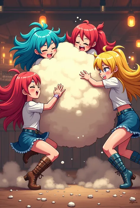 An anime-style illustration depicting many cowgirls playfully wrestling with each other inside a bar comical fight cloud.
each cowgirl has different colored hair.
their faces,hands,and feet are visible emerging from the cloud as they tussle humorously,  wi...