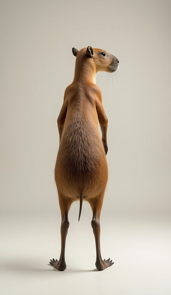  Photograph of the back of a skinny capybara standing 