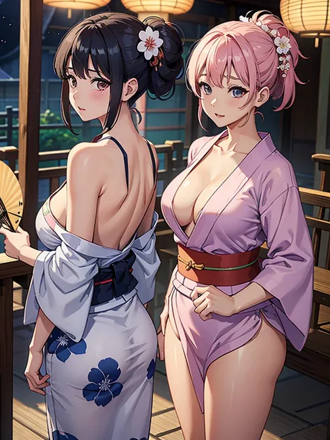 woman、 Japanese festival、Bon Odori、Yukata、 their yukata is bare and their breasts are exposed 、楽しそうにBon Odoriをしてる、I have a fan、 hair up、 big breasts、 wear a waistband to emphasize the thinness of the waist、 big butts