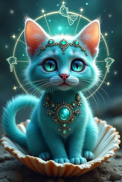 a cute hyper realistic cat, with big eyes, his eyes have the galaxy in his pupils, his eyes are bright like the galaxy and the cat is turquoise, and his jewelry is turquoise, he has jewelry on his head, the jewelry is sea shell , small and delicate jewelry...