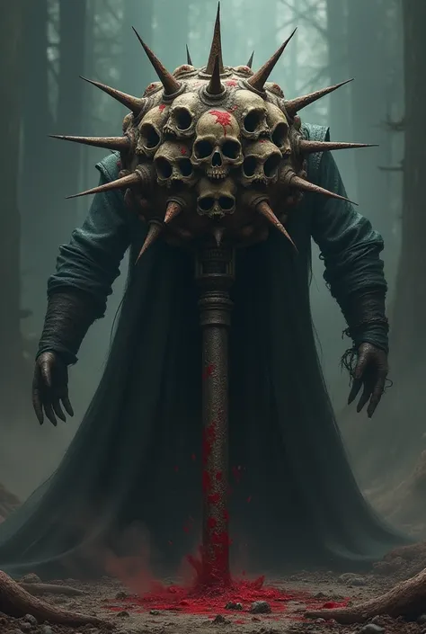 Giant mace/morningstar weapon half the size of a fully grown man. The end ball is made of skulls and bloody, iron spikes. 