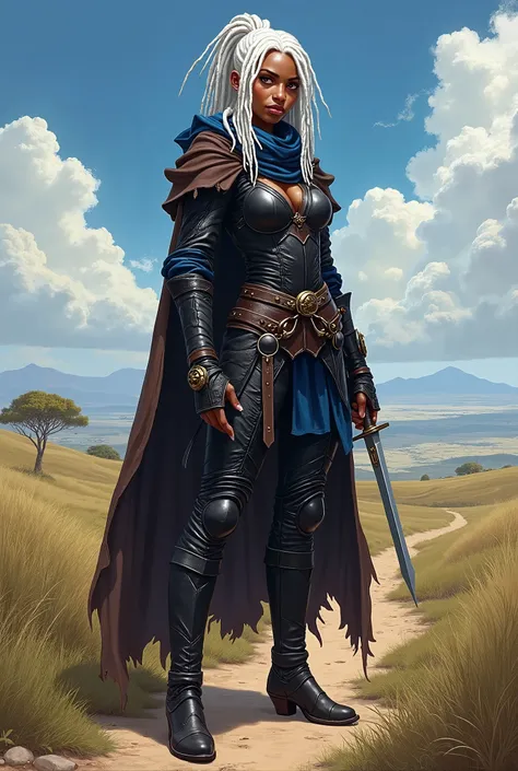 In RPG style, in style of Dungeons & Dragons, in style of fantasy painting. Full body view, looking at the viewer. Image of a female rogue, holding dagger. Dark skin. White dreads hairstyle. Tight dark leather armor with dark blue elements. Dark pants, dar...