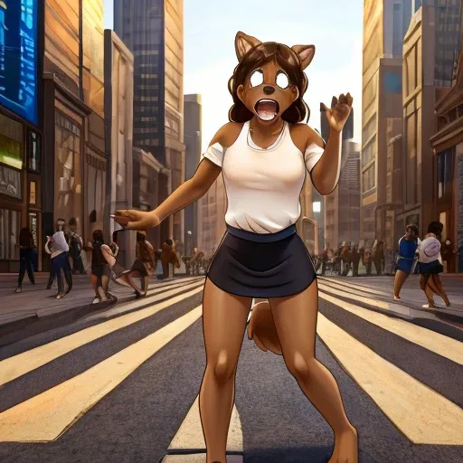 A half naked girl transforming into a brown dog, her face is a bit brown, her hands have turned into brown paws and her feet are turning brown and furry too, she’s very shocked and crying, in the middle of a city with people watching