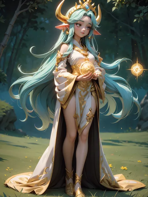  ((masterpiece, ultra detailed)) (1girl) A radiant goddess with long flowing hair, her skin glowing with an inner warmth. She wears a crown with the sun disk and cow horns, symbolizing her divine connection to joy and love. Her robes are decorated with gol...