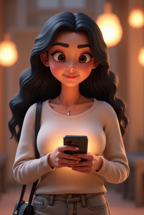 I want this Pixar 3D image in high resolution only.That I want her with an iPhone in her hand as if she were looking at a message 
"A Pixar-style 3D female character ,  with soft and expressive features .  Rounded face with slightly pink cheeks ,  large al...