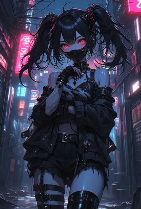 source_anime,Quality(8k,best quality,masterpiece,cinematic),solo,1girl,(cute,kawaii,small-,smile,open mouth,hair floating,black hair and mesh by white,twin tail hair,pale skin,skin color blue,eyes are red,wearing black surgical mask,gothic-punk outfit,brea...