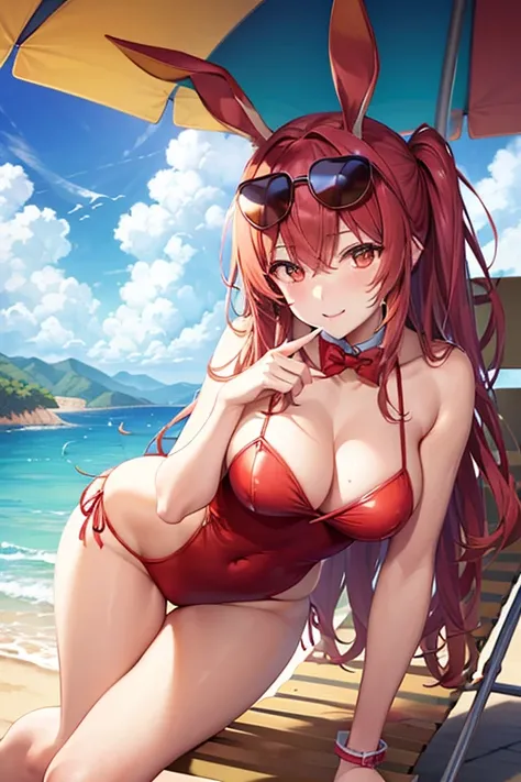  high resolution,red rabbit ,Personification,Bunny ears,woman, short, slender, deckchair, tropical juice I put my cheek on my hand, sunglasses 