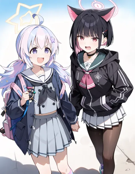 Masterpiece, realistic, solo, hd, best quality, 2girl, 2 girl standing each other, holding hands, ((reisa, uzawa reisa, blue archive,purple eyes, multicolored hair,low twintails, halo,star symbol, black jacket,sailor collar, black neckerchief,grey skirt, m...