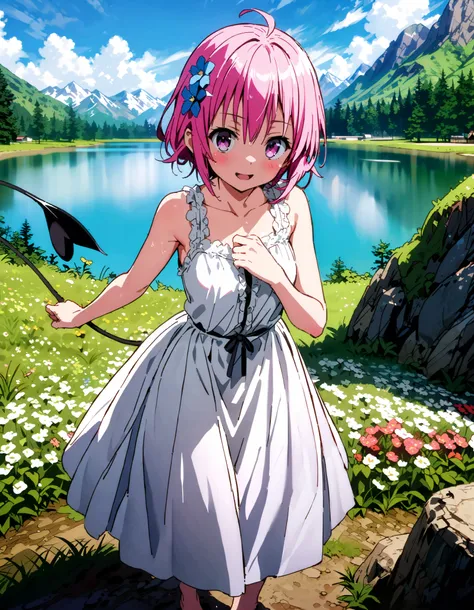 Momo Devil, Momo Deviluke, demon Tail,  hair flower,   hair ornament, 紫色の目,  pink hair with a scar,  short hair, smile,blush, mouths,Tail,demon Tail,  white sleeveless dress ,Medium breast, long skirt, barefoot,My feet are soaked in water ,noon, are standi...