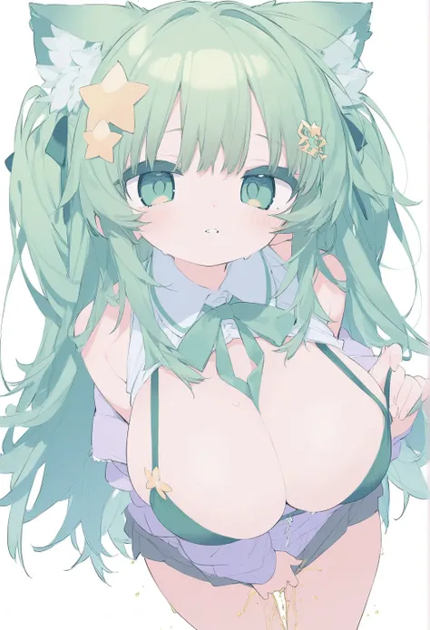 cute star hair ornament、 cool woman with long emerald green hair and cat ears、Futuristic、 Pastel Colors 、 adult-like、 pee、 high school students、Big Breasts