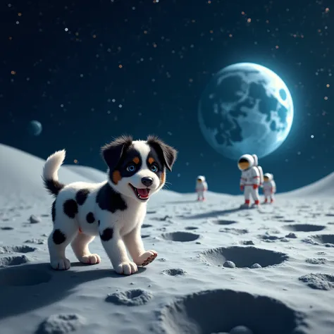 cow print puppy,  astronauts arriving on the moon, on the background of the moon and starry sky 