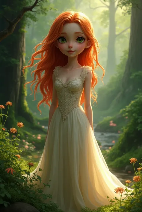 Red-haired girl in a dress in the woods