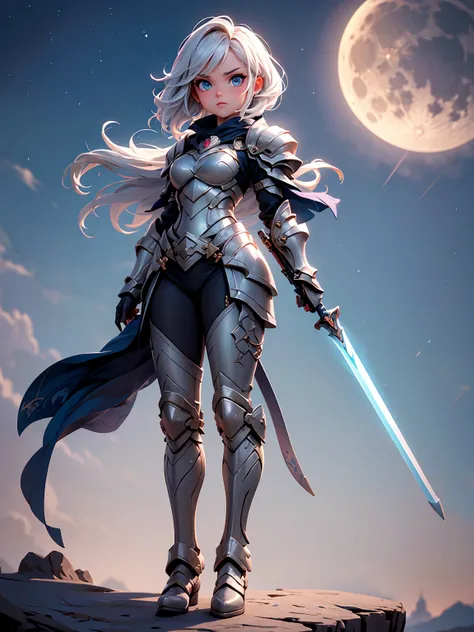 (((masterpiece, best quality, high detailed, 16k))) (1girl) A fierce warrior with short silver hair and glowing blue eyes, wearing light silver armor with a crescent moon emblem on her chest. Her flowing cape trails stardust as she wields a shining spear. ...