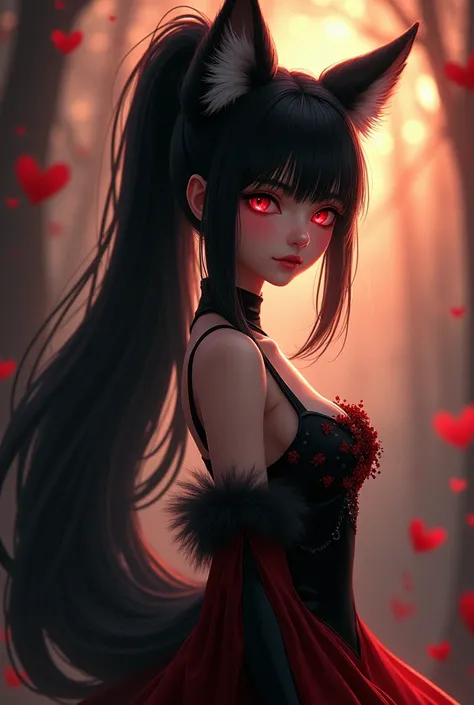 beautiful girl with long black ponytail with bangs, red eyes, black fox ears and a black fox tail, wearing a black and red dress, hyperrealistic, highly detailed, 8k, photorealistic, intricate, cinematic lighting, dramatic lighting, anime style, warm color...