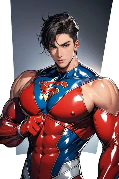 (High resolution CG), (  top quality ), (High resolution CG), (  top quality ), cool latex superhero boy,   hands ,   tall  ,  beautiful skin, I'm a superhero 、I have a beautiful body ,  Hero Costume , An attractive, sober young man  ,  Slim and Muscular  ...