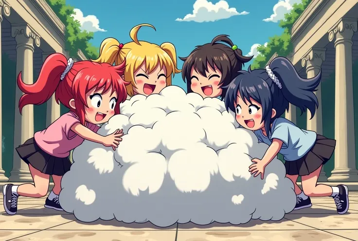 An anime-style illustration depicting many gang-girls playfully wrestling with each other inside a stoa comical fight cloud.
each gang-girl has different colored hair.
their faces,hands,and feet are visible emerging from the cloud as they tussle humorously...