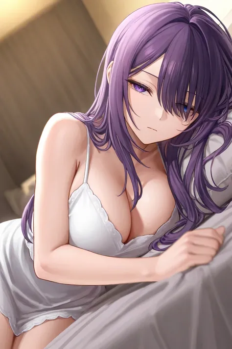 Purple Hair、 long hair、Waist-length hair、 purple eyes、Narrow eyes、 bed、 white camisole、 adult woman、 lies down、 hide one eye 、 expressionless 