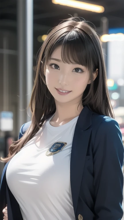 Portrait of beautiful adult female model Natl., Georgia Fowler,   beautiful face, 長いバーガンディの髪, Cyberpunk City Dusk.   white t-shirt  、  she is wearing a blue long coat.,   jeans negros  ,  dramatic lighting, (Police Badge:1.2)