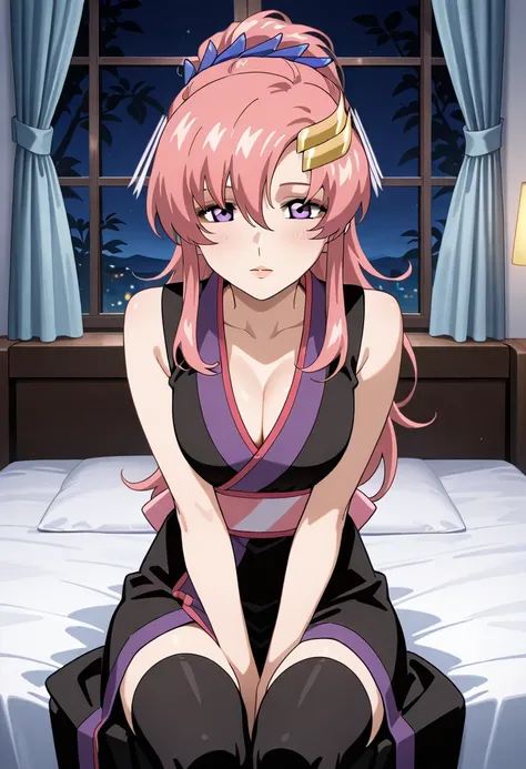 masterpiece,best quality,lacus_c, 1girl, anime coloring, solo, long hair, high ponytail, pink hair, hair ornament, hair ribbon, hair between eyes, purple eyes, lipstick, black sleeveless kimono,  sash, black thighhighs, medium breasts,  cleavage, blush,sit...