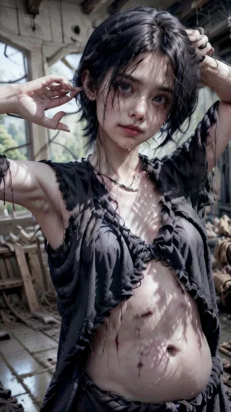   arms raised to head
 Black Earrings, hairpin, necklace, Black Super Short Hair  , Hanging hair  , sad ,    from a first-person perspective , (Young face  ))),【Miss,Bangs,( (   from a first-person perspective )，Armpits暴露，  Black Strapless Underwear  ，Armp...