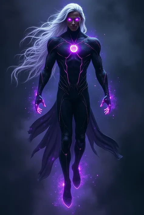 Create a superhero floating in the air, he has cosmic powers, including the ability to manipulate gravity and travel between dimensions. He must have an enigmatic and distant appearance, with dark skin and a mysterious aura. His hair is long and silver, fl...