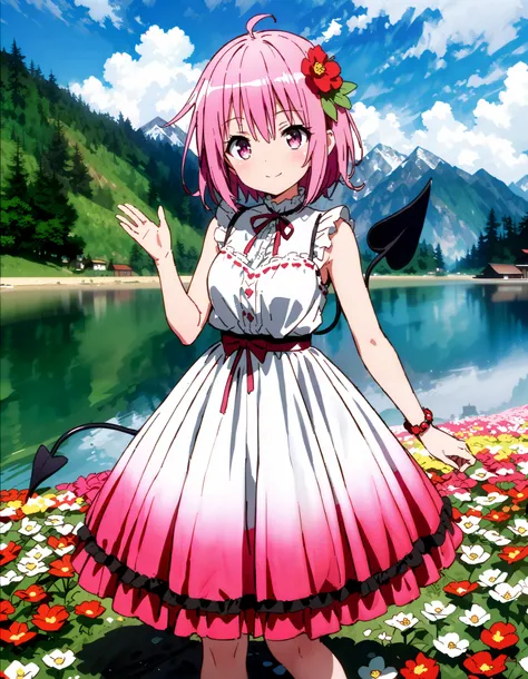 Momo Devil, Momo Deviluke, demon Tail,  hair flower,   hair ornament, 紫色の目,  pink hair with a scar,  short hair, smile,blush, mouths,Tail,demon Tail,  white sleeveless dress ,Medium breast, long skirt, barefoot,My feet are soaked in water ,noon, are standi...