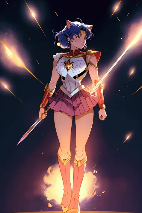 Usagi Tsukino/Sailor Moon dressed as Captain Marvel, cat ear,  body suit armor,  gauntlet,  full-body images,   blue armor, skirt,anime ,Sailor Moon skirt , use  armor  magic,   holding magic  swords,  blues  hair  , short hair 