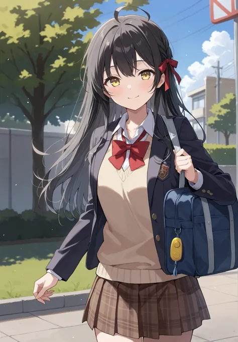 (masterpiece, best quality:1.0), highly detailed,  detail,  1girl , black hair, (black hair:1.2), long hair, hair ribbon,  ahoge, yellow eyes, UNiform, red bowtie, collared shirt, sweater vest, blazer, black blazer, opened jacket, long sleeves, plaid skirt...