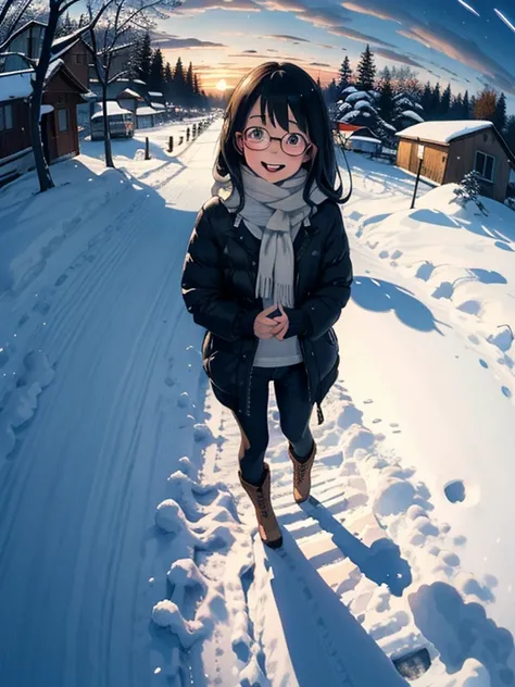 masterpiece，   high resolution，(  cute little sow   ， Flat shade   )，  people with stylish glasses kissing ，    beautiful black hair ，   fisheye lenses  ， cute young mother and cute daughter   people looking down on the winter city from the park garden   :...